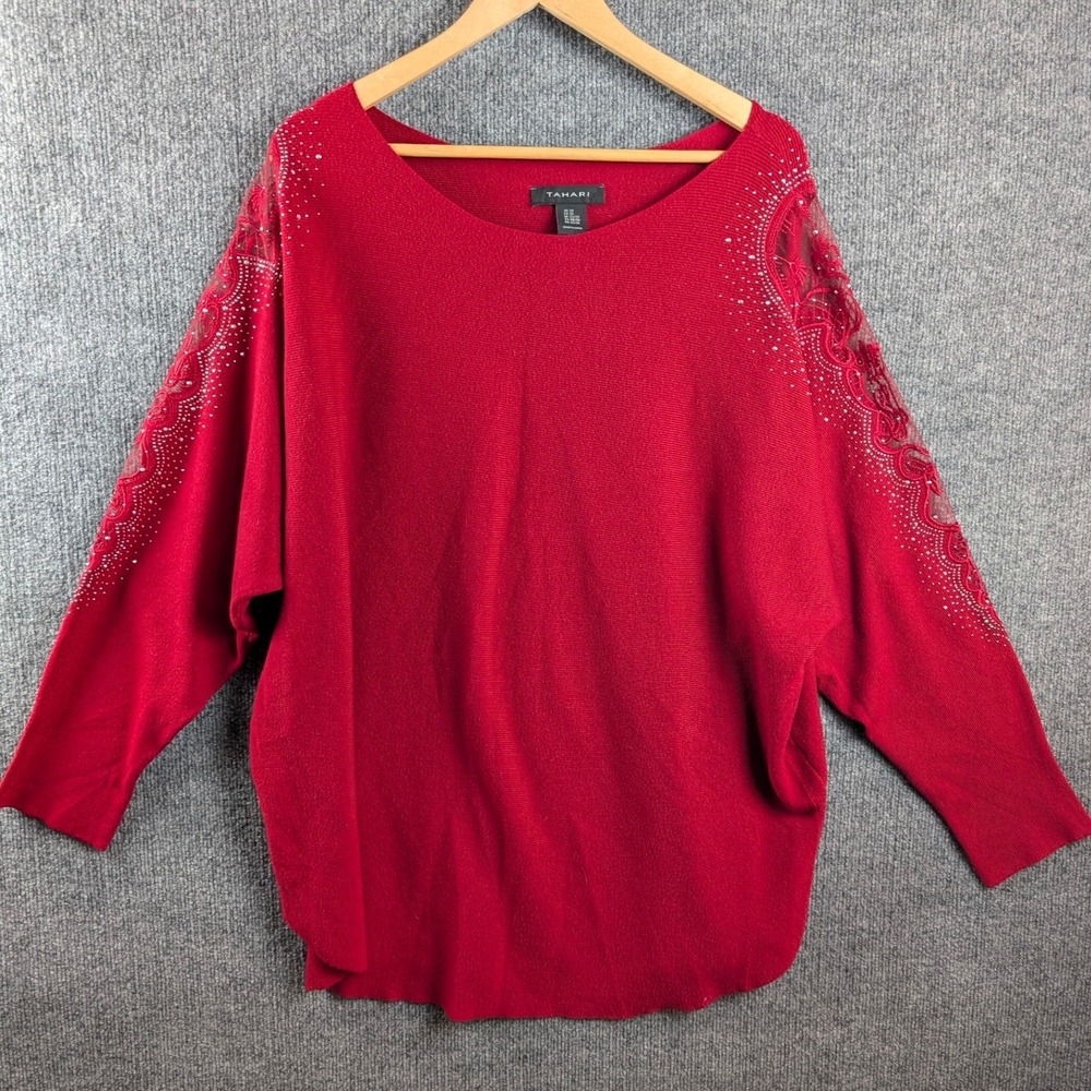 Tahari Sweater Plus Sz 2S Red Rhinestone Embroidered Sheer Lace Sleeve Holiday